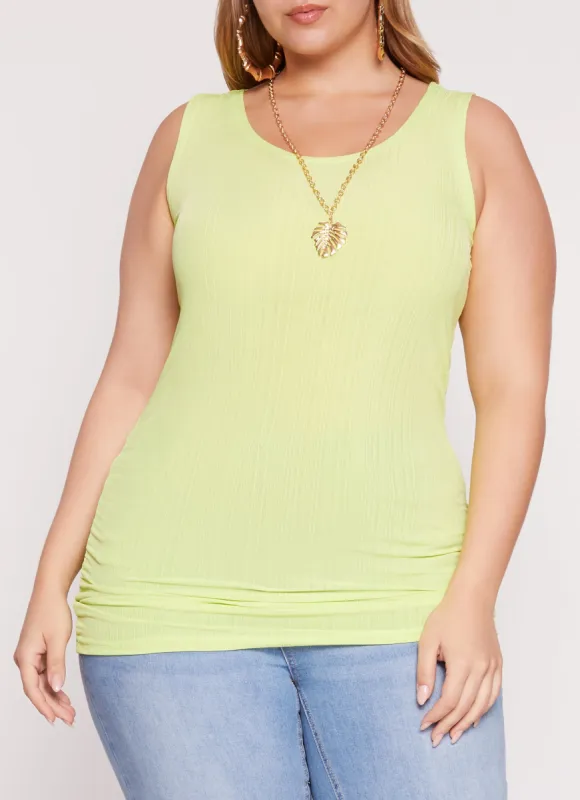 Plus Size Rib Knit Ruched Tank Top with Necklace sold by Rainbow