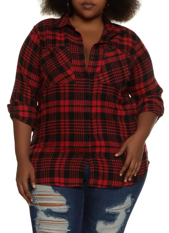 Plus Size Plaid Tabbed Sleeve Flannel Shirt sold by Rainbow
