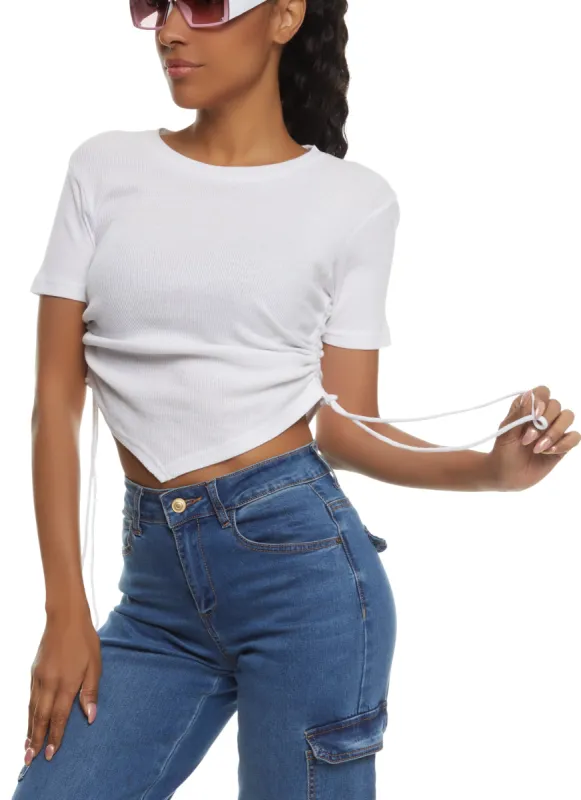 Ribbed Knit Ruched Hanky Hem Tee sold by Rainbow