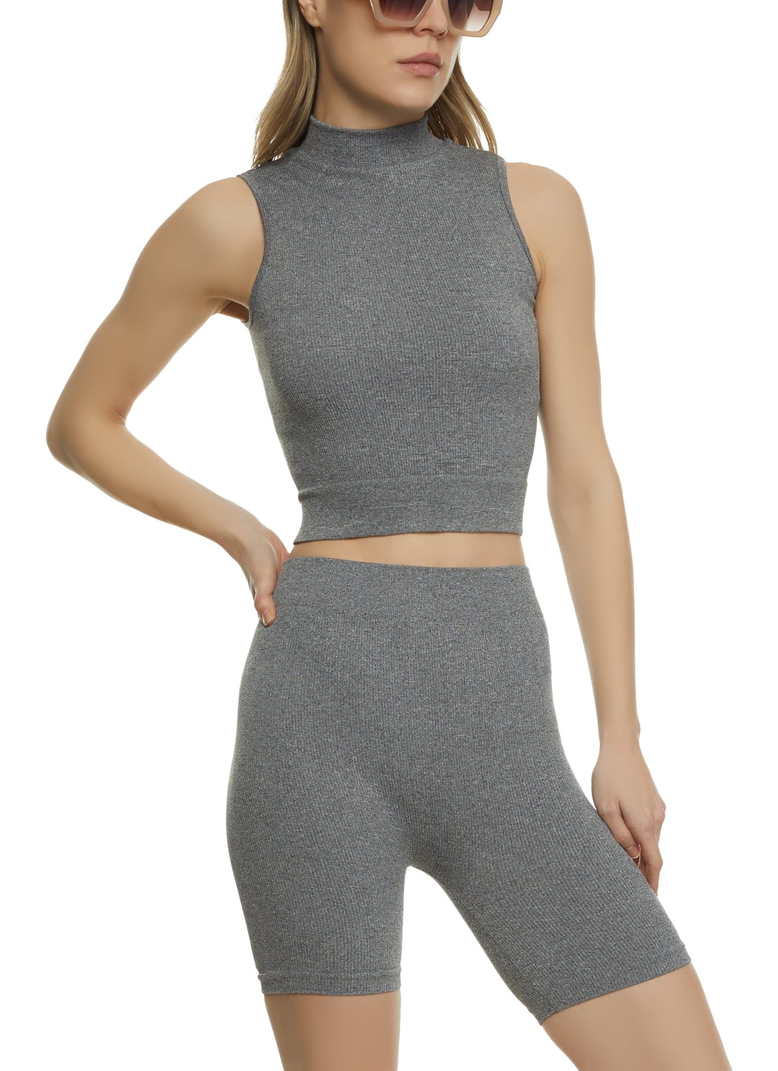 Rib Knit Mock Neck Tank Top and Biker Shorts sold by Rainbow