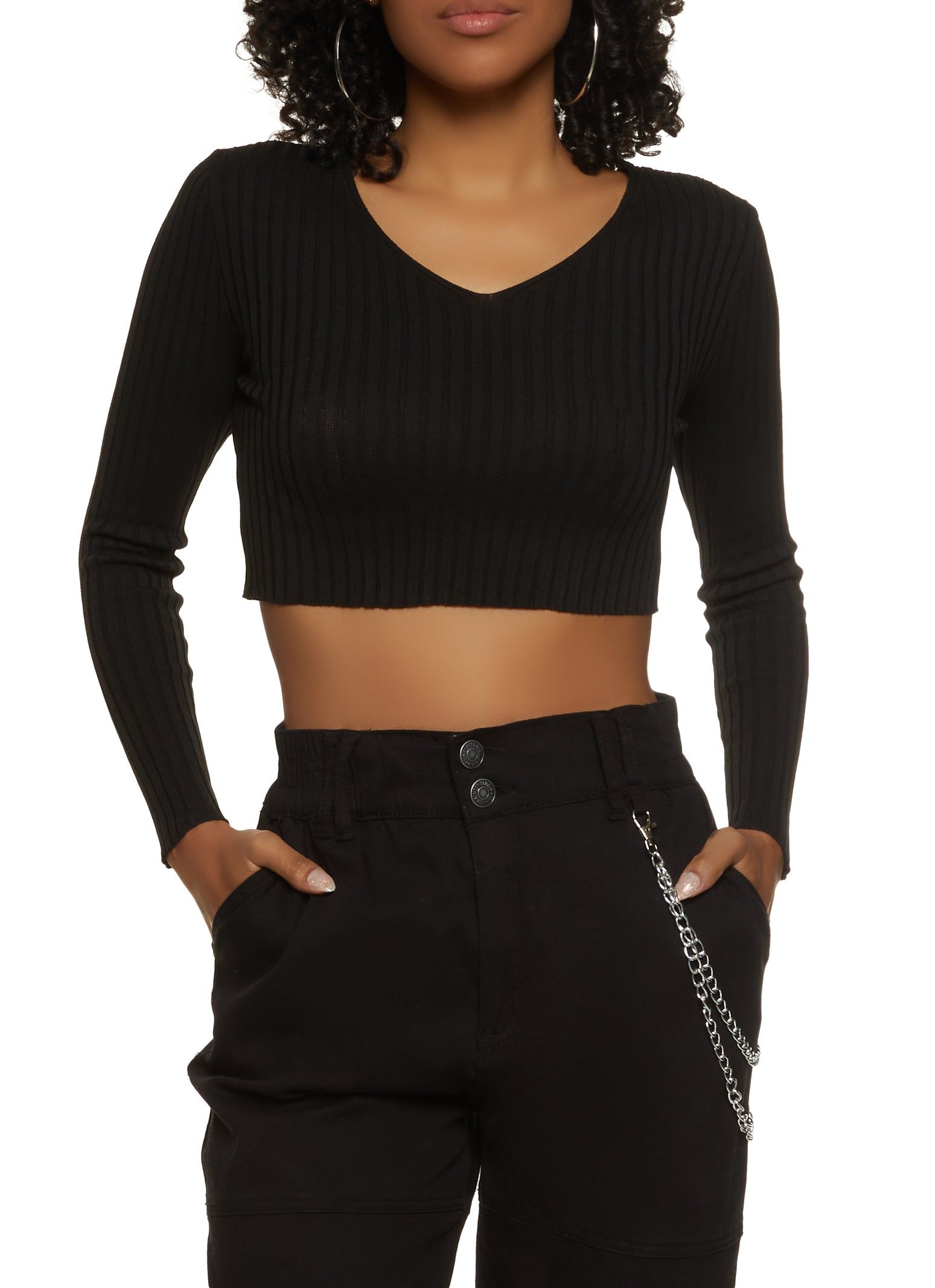 Double V Neck Ribbed Knit Long Sleeve Crop Top sold by Rainbow