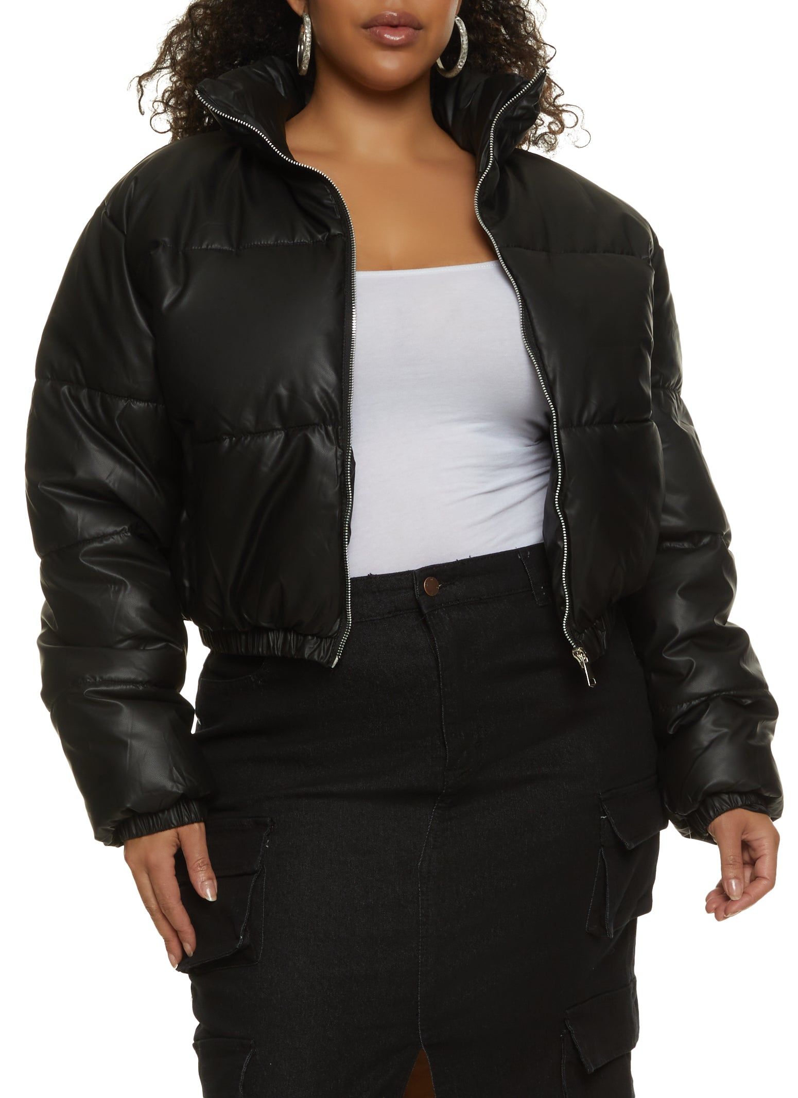 Plus Size Faux Leather Zip Front Puffer Jacket sold by Rainbow
