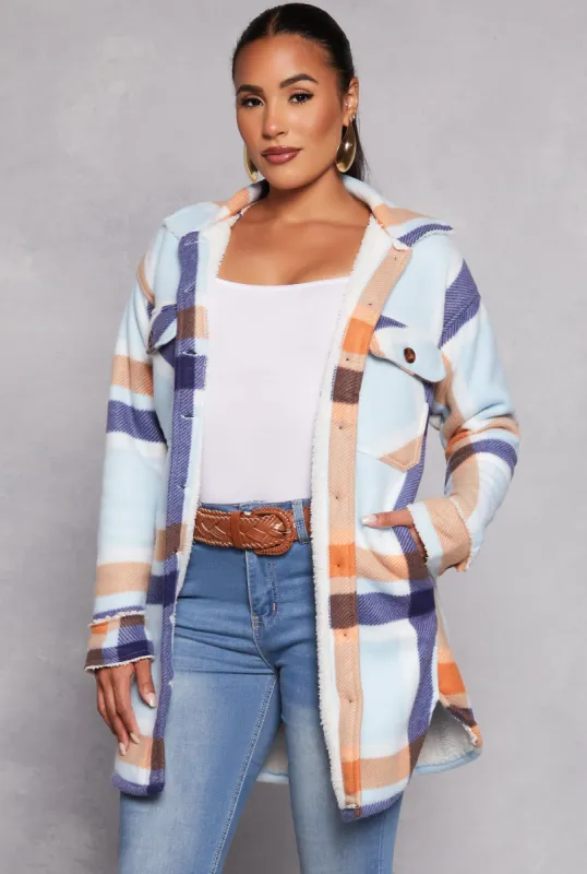 Plaid Button Front Long Shacket sold by Rainbow