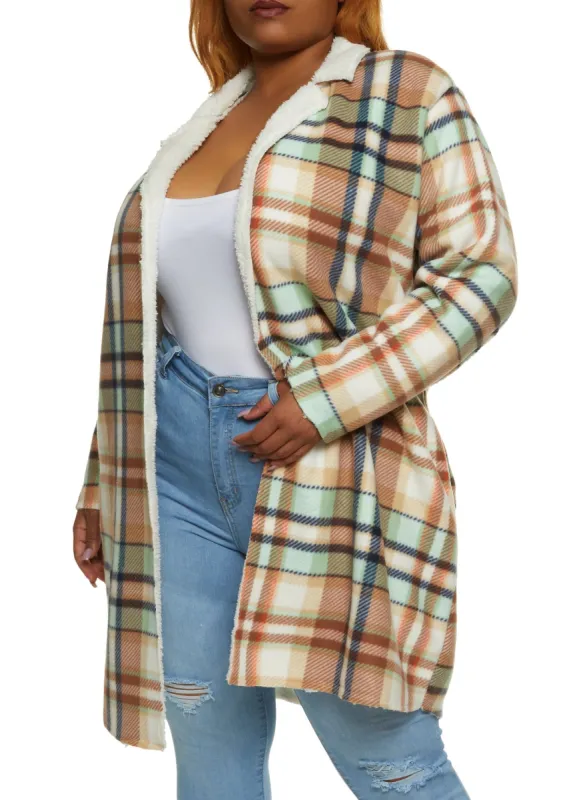 Plus Size Plaid Brushed Knit Sherpa Lined Coat sold by Rainbow