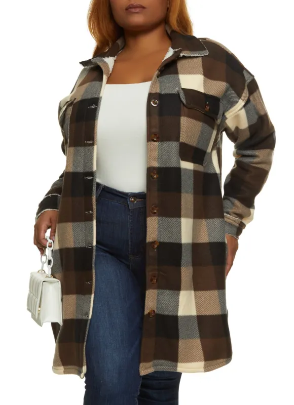 Plus Size Plaid Sherpa Lined Brushed Knit Long Shacket sold by Rainbow