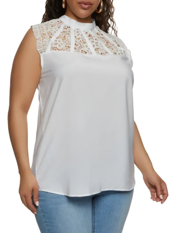Plus Size Crochet Detail Mock Neck Sleeveless Blouse sold by Rainbow