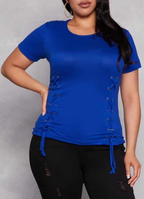 Plus Size Basic Lace Up Detail Short Sleeve Tee sold by Rainbow