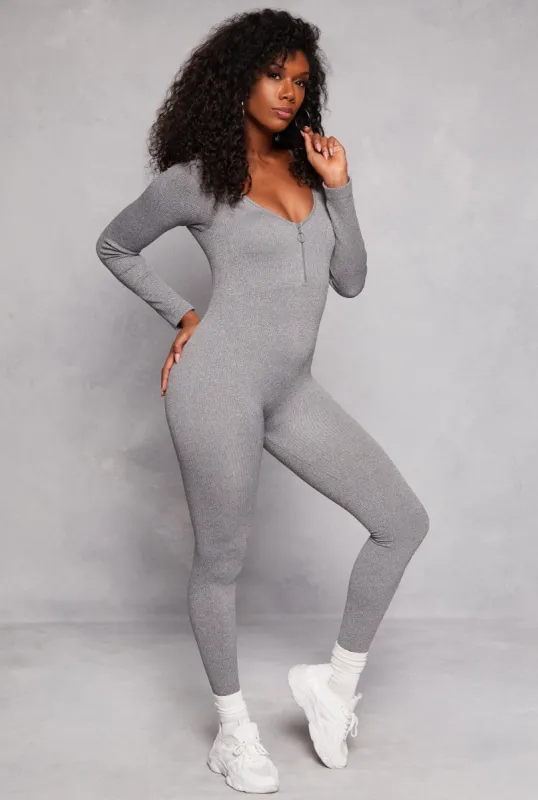 Seamless Ribbed Zip Front Long Sleeve Jumpsuit sold by Rainbow