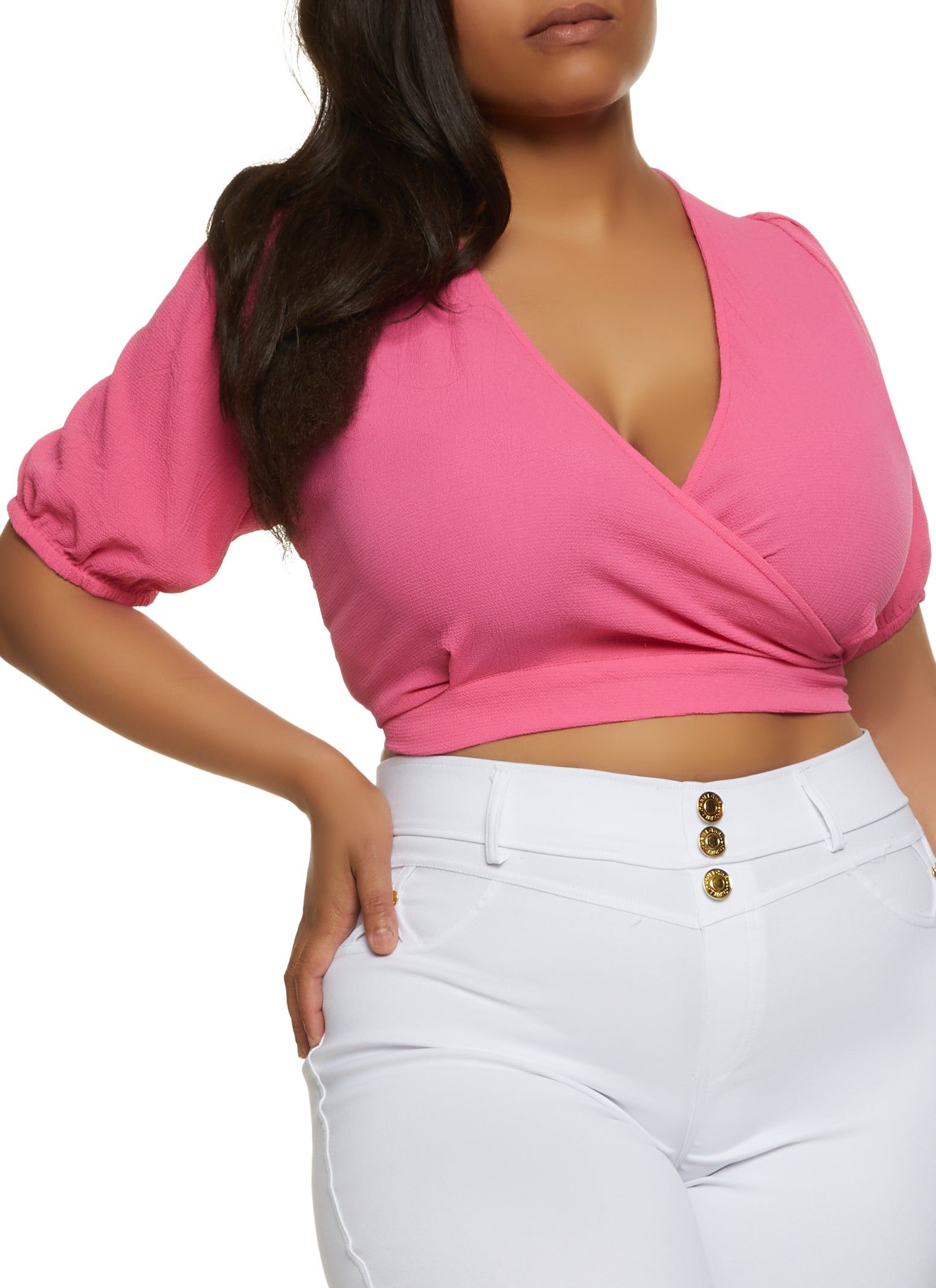 Plus Size Open Tie Back Faux Wrap Crop Top sold by Rainbow