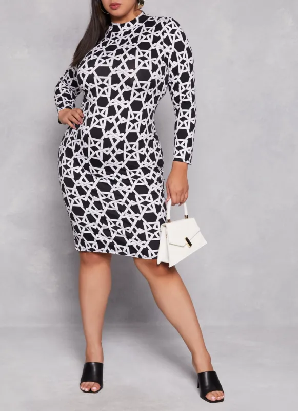 Plus Size Printed Mock Neck Long Sleeve Dress sold by Rainbow