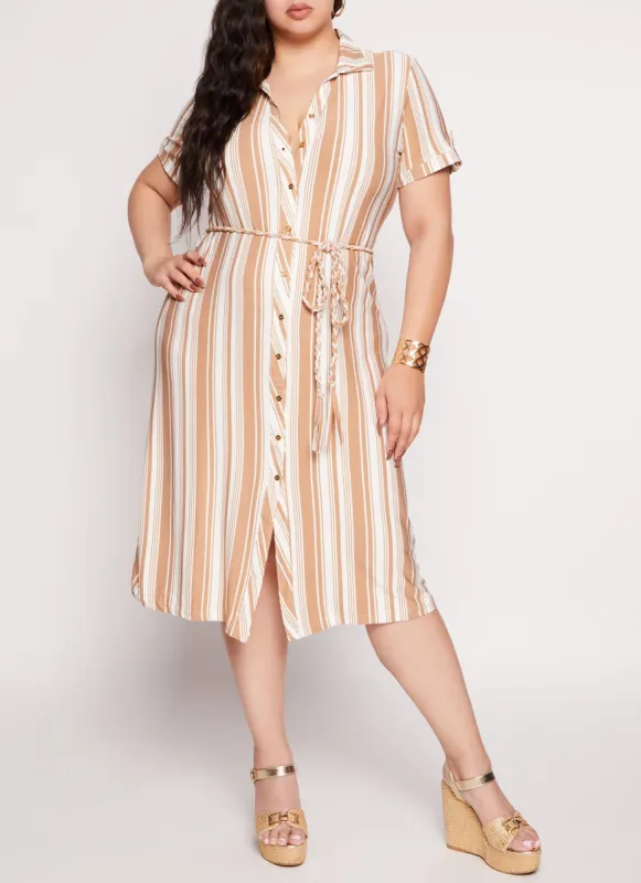 Plus Size Tie Waist Belted Midi Shirt Dress sold by Rainbow