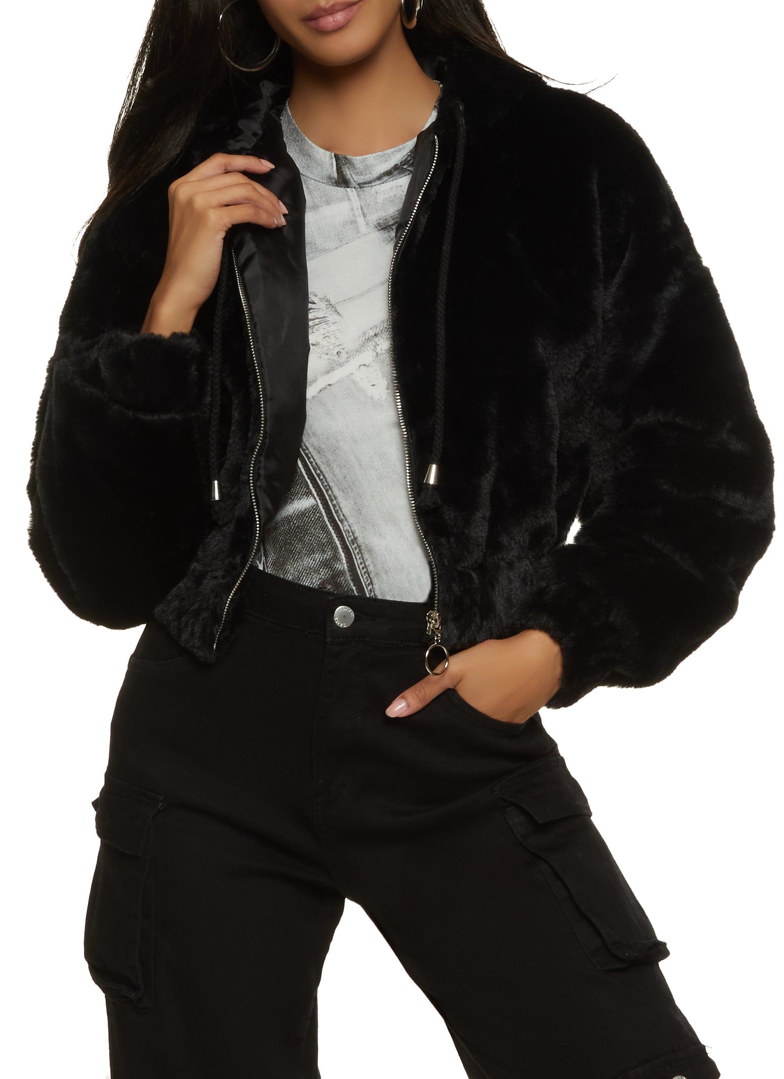 Solid Faux Fur Hooded Jacket sold by Rainbow