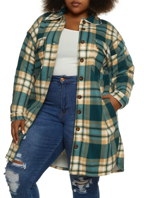Plus Size Plaid Sherpa Lined Brushed Knit Long Shacket sold by Rainbow