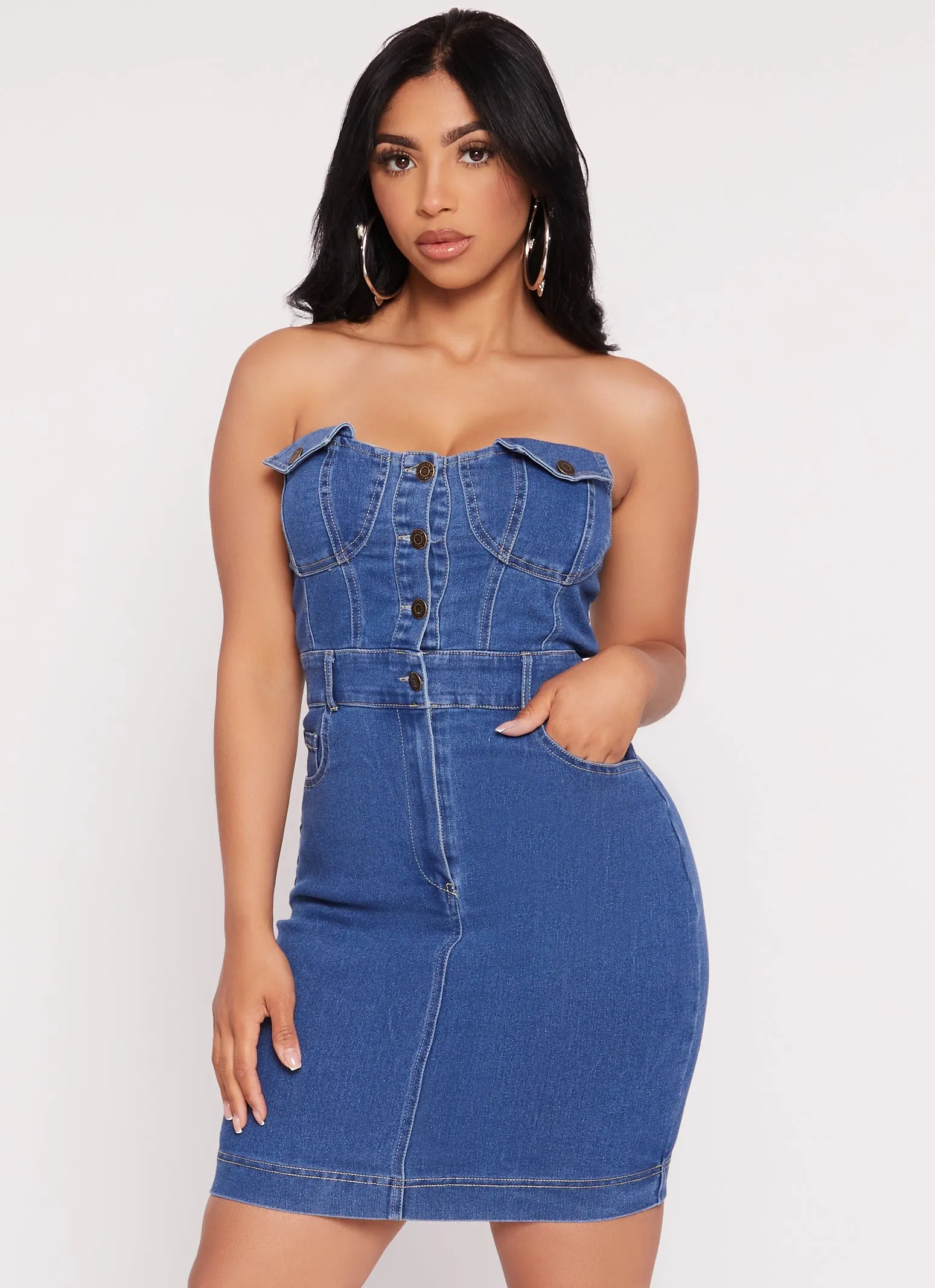 Haute Monde Strapless Denim Mini Dress sold by Rainbow