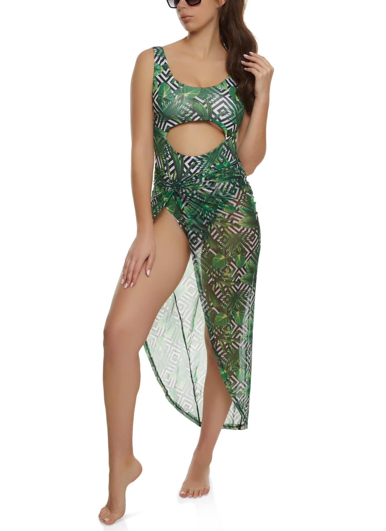 Cut Out One Piece Swimsuit and Sarong Set sold by Rainbow