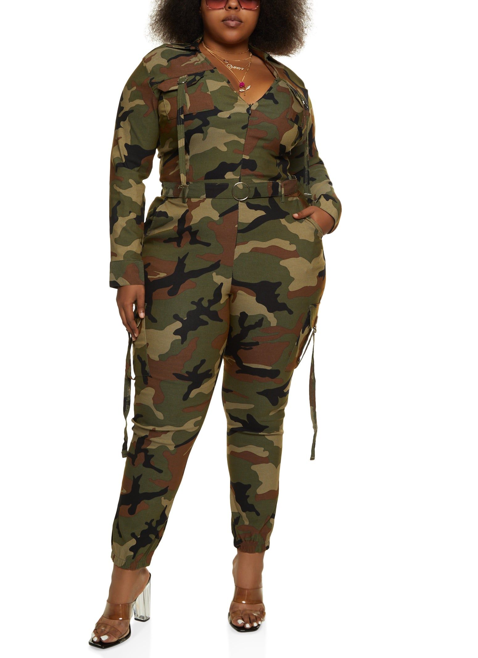 Plus Size Belted Cargo Pocket Jumpsuit sold by Rainbow