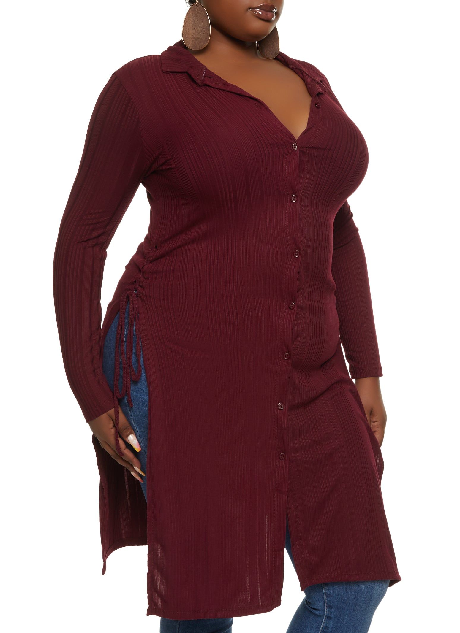 Plus Size Lace Up Side Button Down Maxi Shirt sold by Rainbow