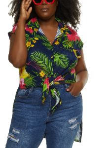 Plus Size Floral Print Tie Front High Low Shirt sold by Rainbow