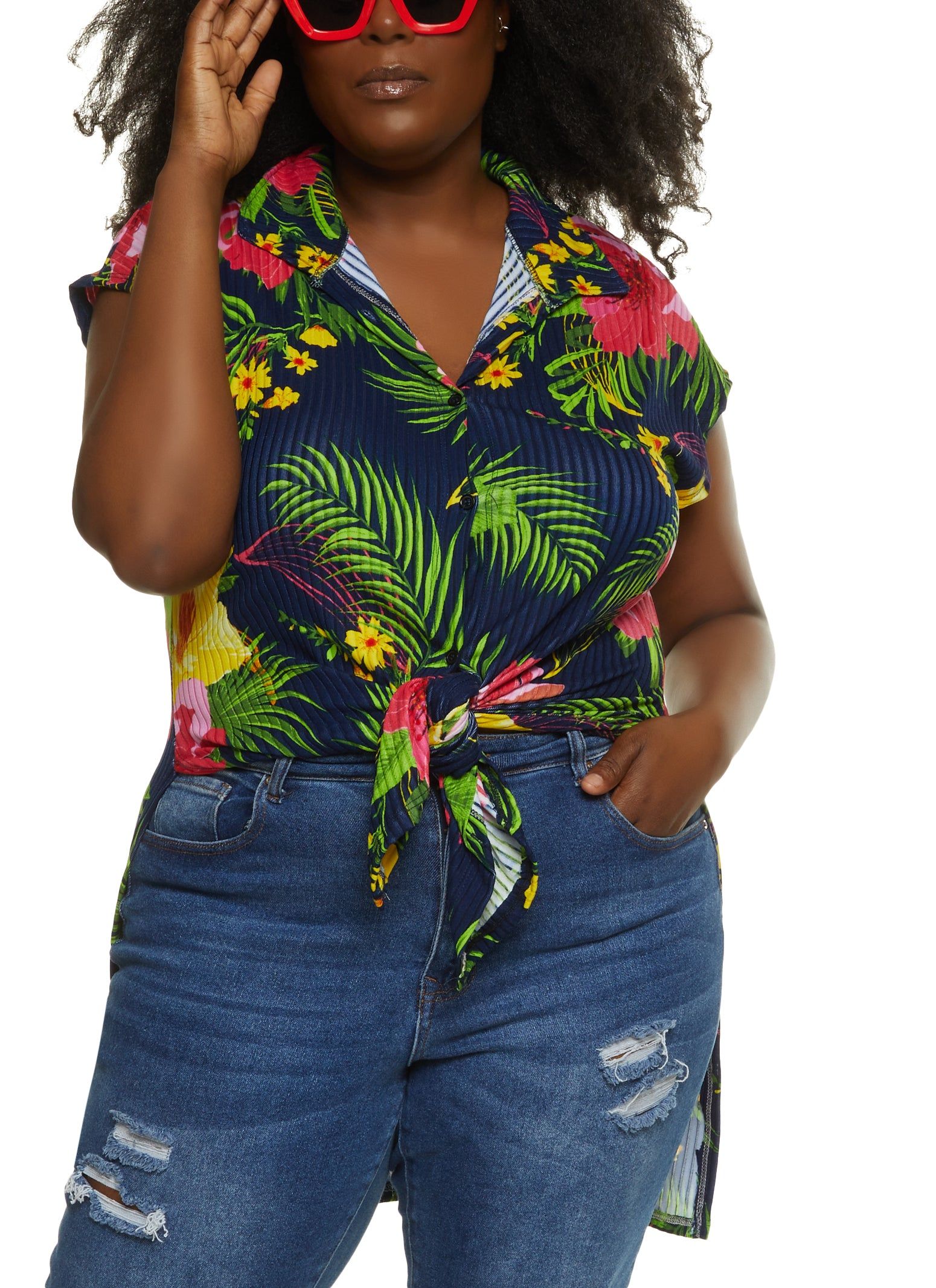 Plus Size Floral Print Tie Front High Low Shirt sold by Rainbow