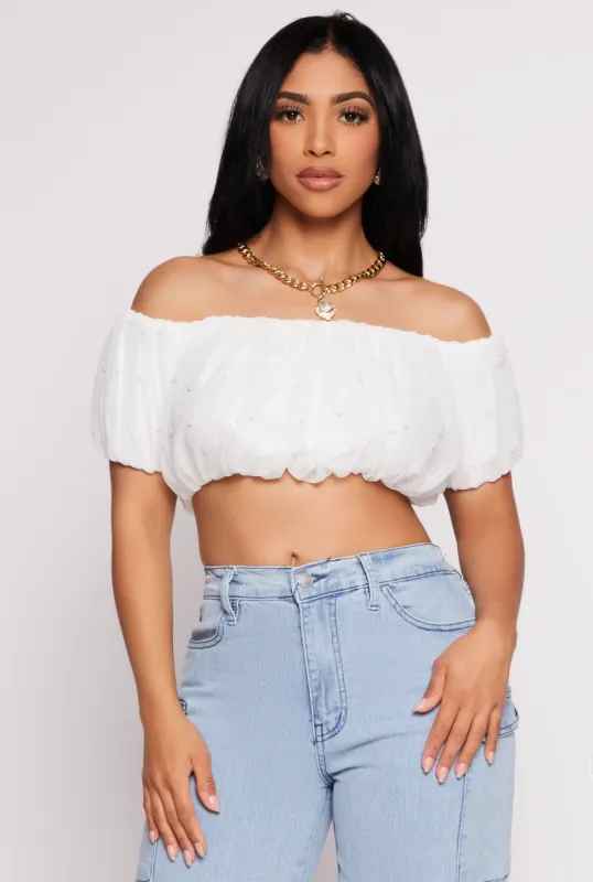 Beaded Mesh Off the Shoulder Crop Top sold by Rainbow