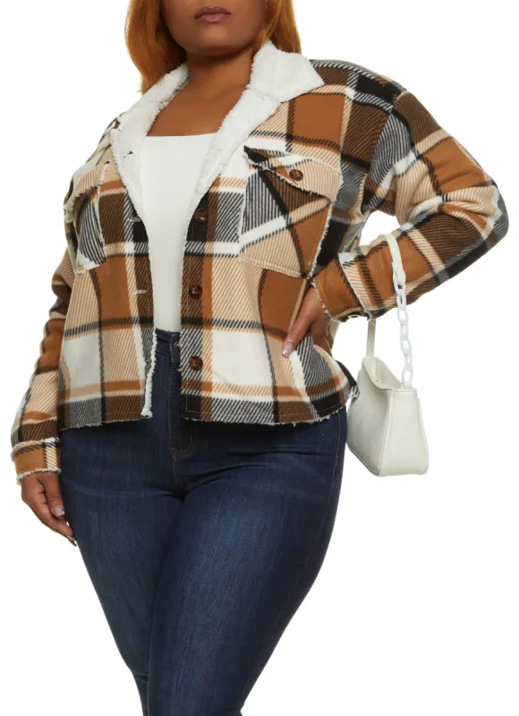 Plus Size Plaid Brushed Knit Sherpa Lined Shacket sold by Rainbow