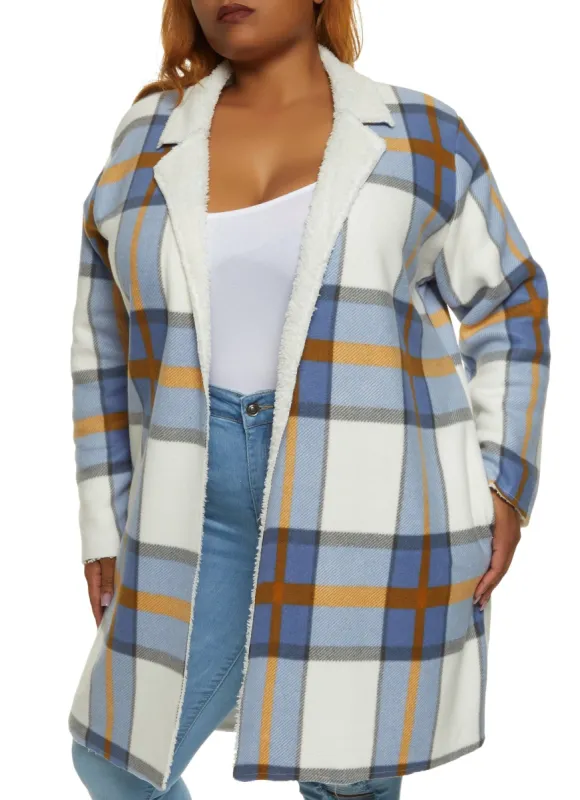Plus Size Plaid Brushed Knit Sherpa Lined Coat sold by Rainbow