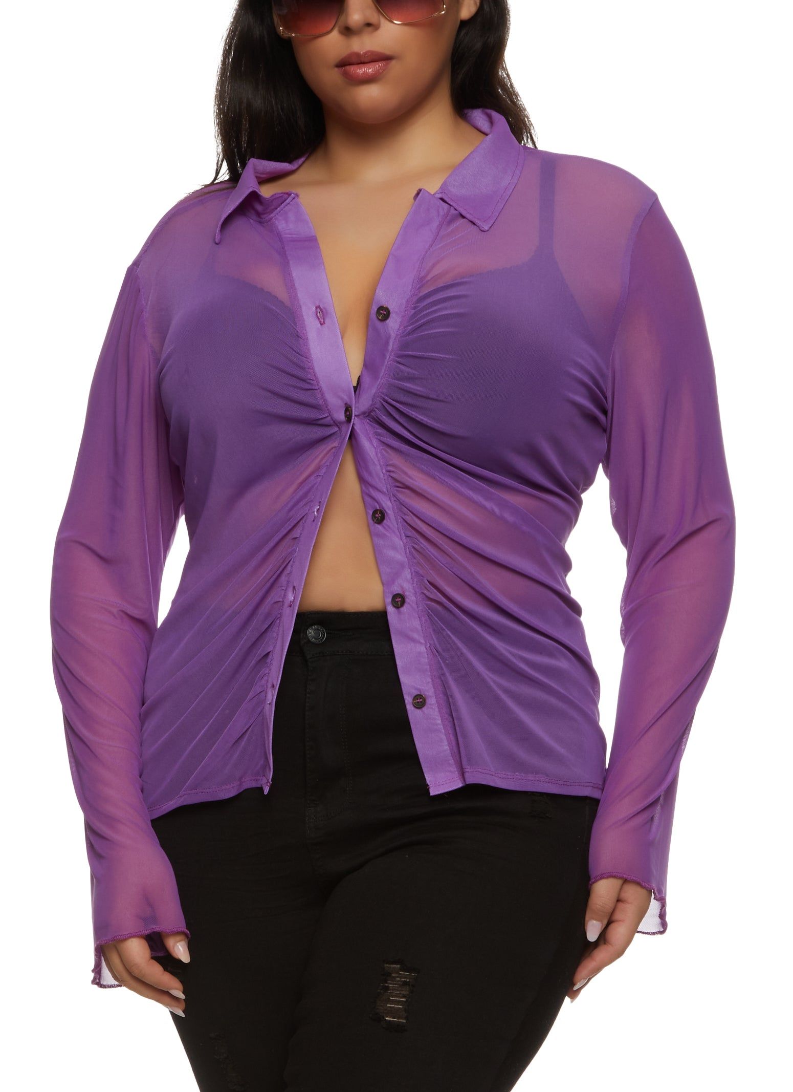 Plus Size Mesh Ruched Button Front Shirt sold by Rainbow product image thumbnail 2