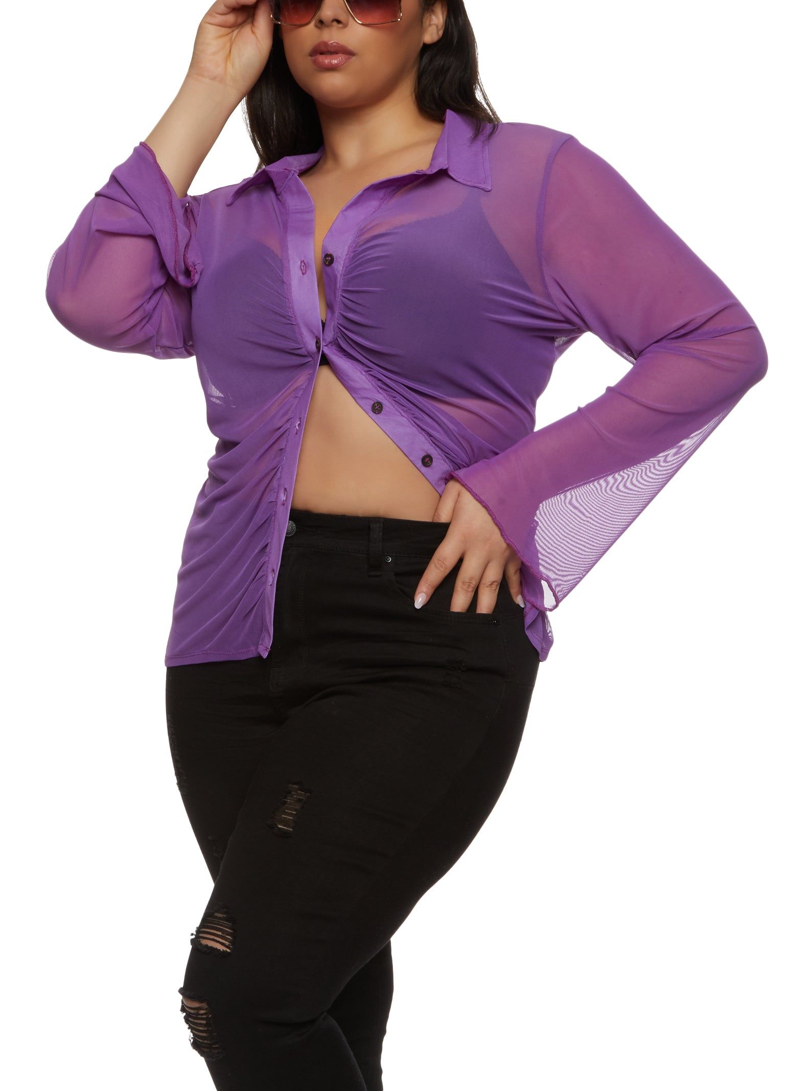 Plus Size Mesh Ruched Button Front Shirt sold by Rainbow