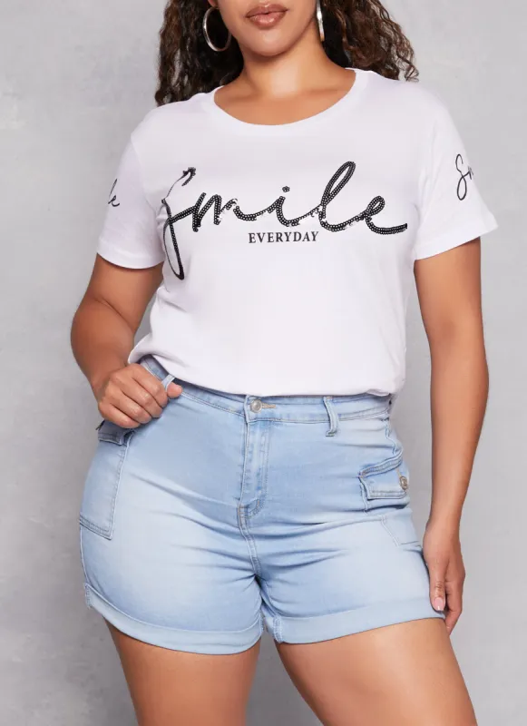 Plus Size Sequin Smile Graphic Tee sold by Rainbow