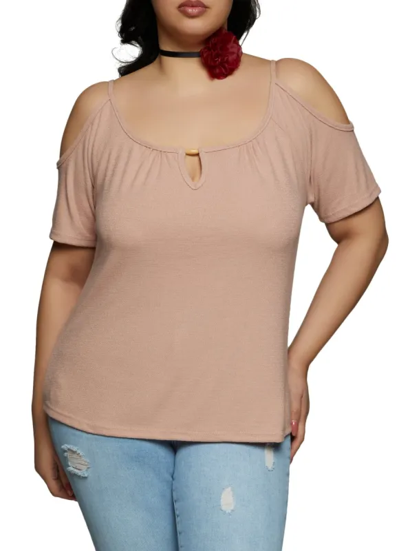 Plus Size Keyhole Detail Cold Shoulder Blouse sold by Rainbow