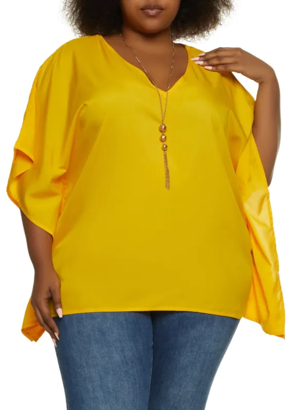 Plus Size Solid Poncho with Necklace sold by Rainbow