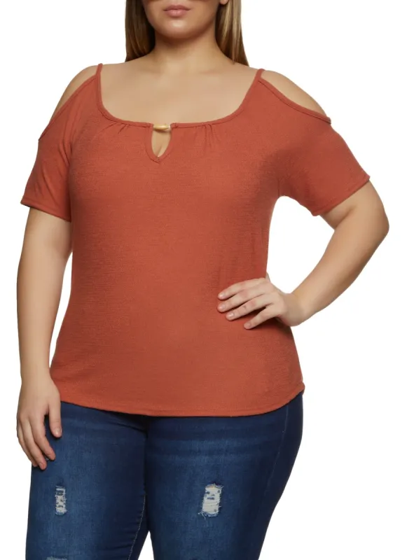 Plus Size Keyhole Detail Cold Shoulder Blouse sold by Rainbow