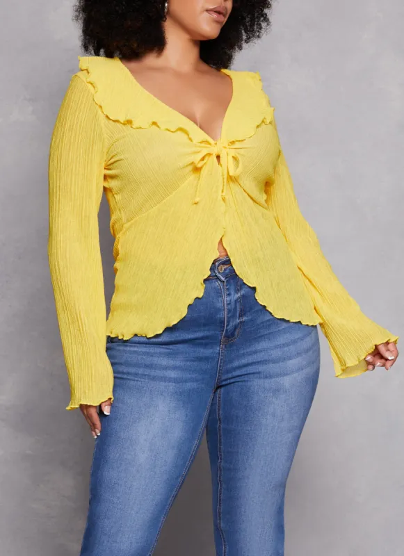 Plus Size Ruffle Trim Tie Front Long Sleeve Top sold by Rainbow