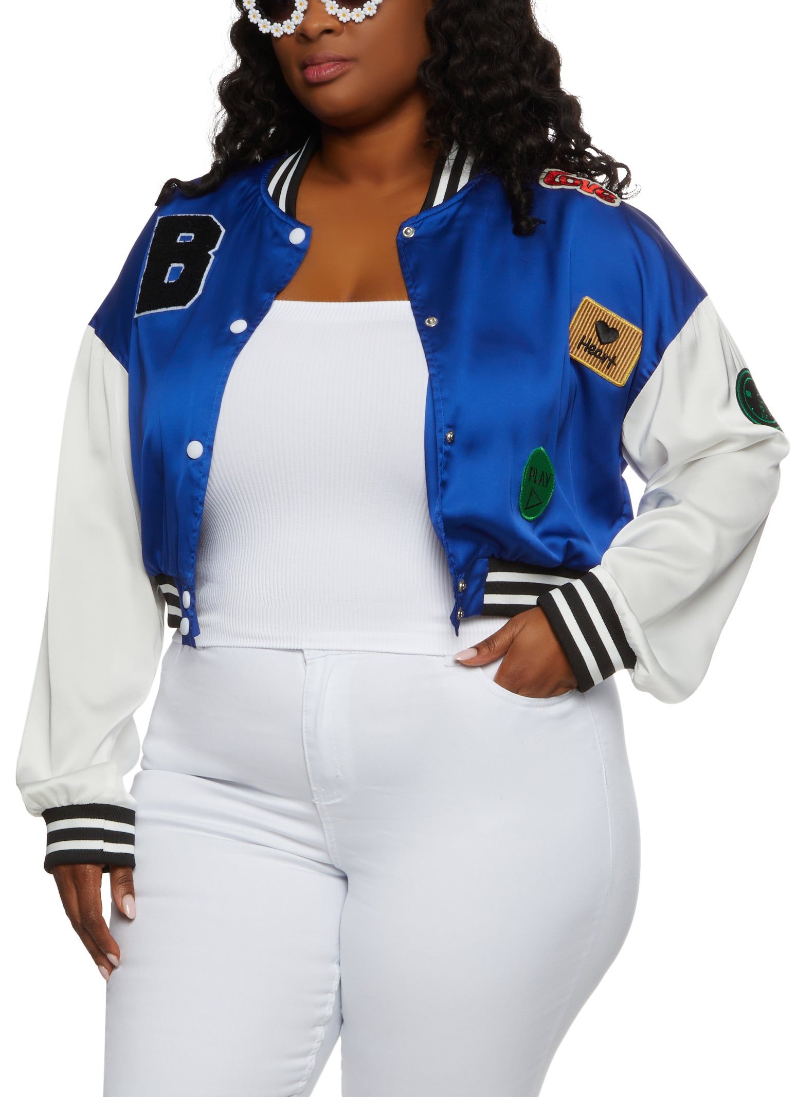 Plus Size Daisy B Chenille Graphic Patch Varsity Jacket sold by Rainbow