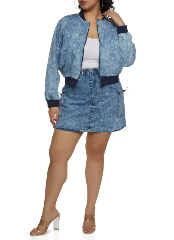 Plus Size Denim Acid Wash Zip Front Bomber Jacket sold by Rainbow