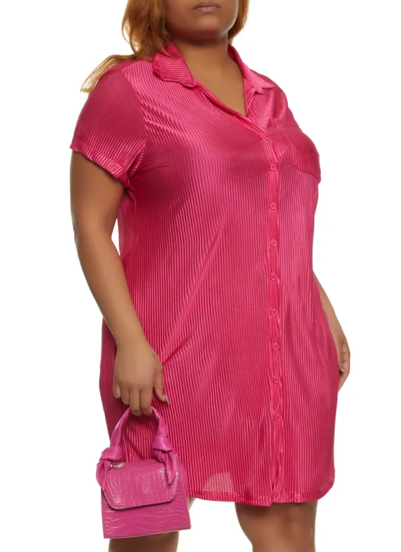 Plus Size Plisse Short Sleeve Shirt Dress sold by Rainbow