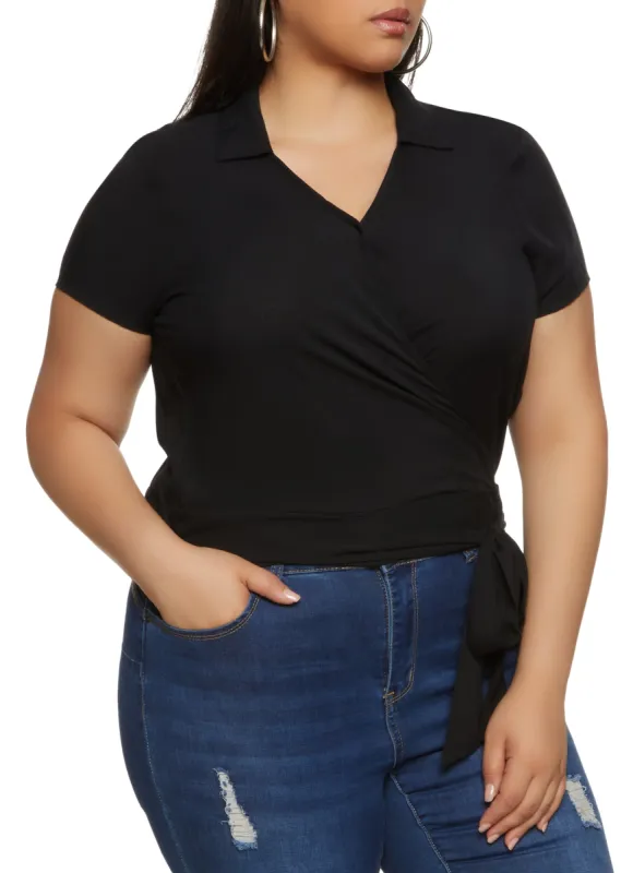 Plus Size Collared Faux Wrap Top sold by Rainbow