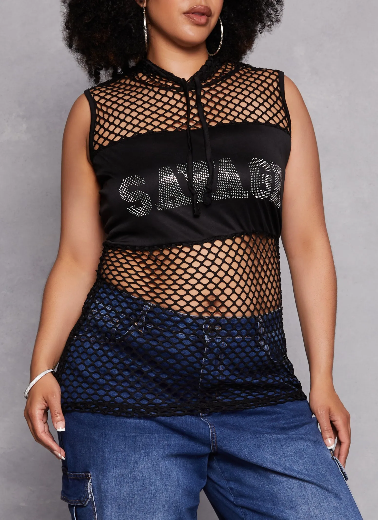 Plus Size Fishnet Savage Rhinestone Graphic Hoodie sold by Rainbow
