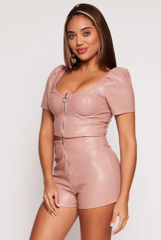 Faux Leather Zip Front Puff Sleeve Corset Top sold by Rainbow