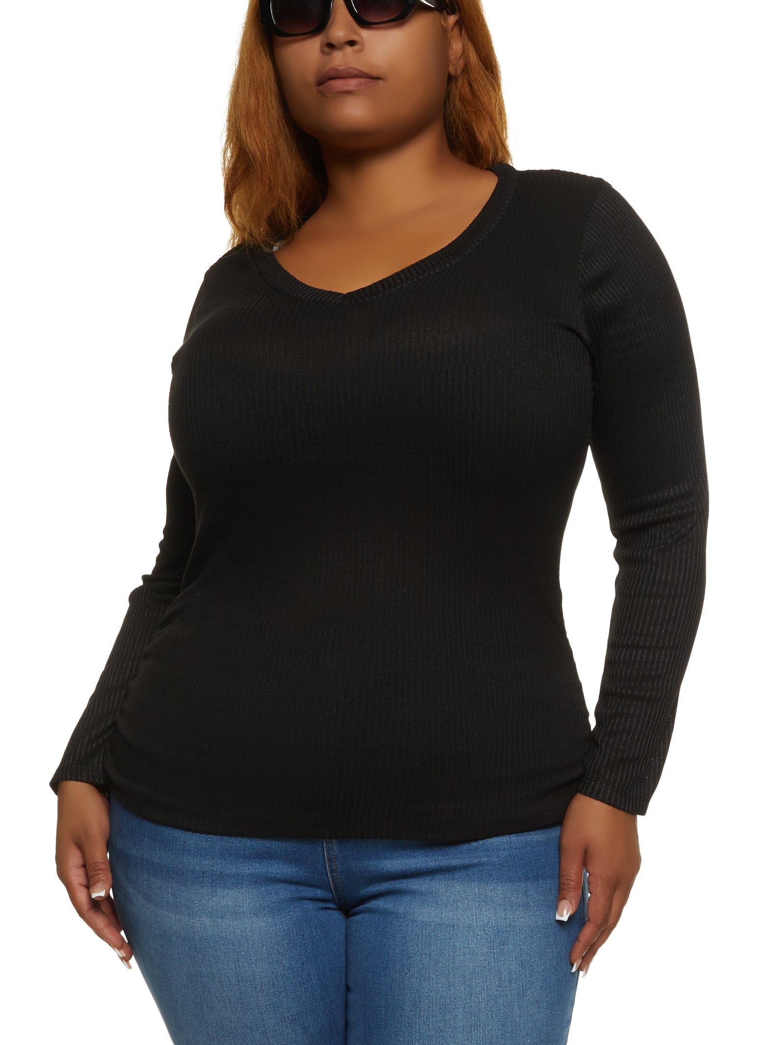 Plus Size Solid Ribbed Knit Long Sleeve Top sold by Rainbow