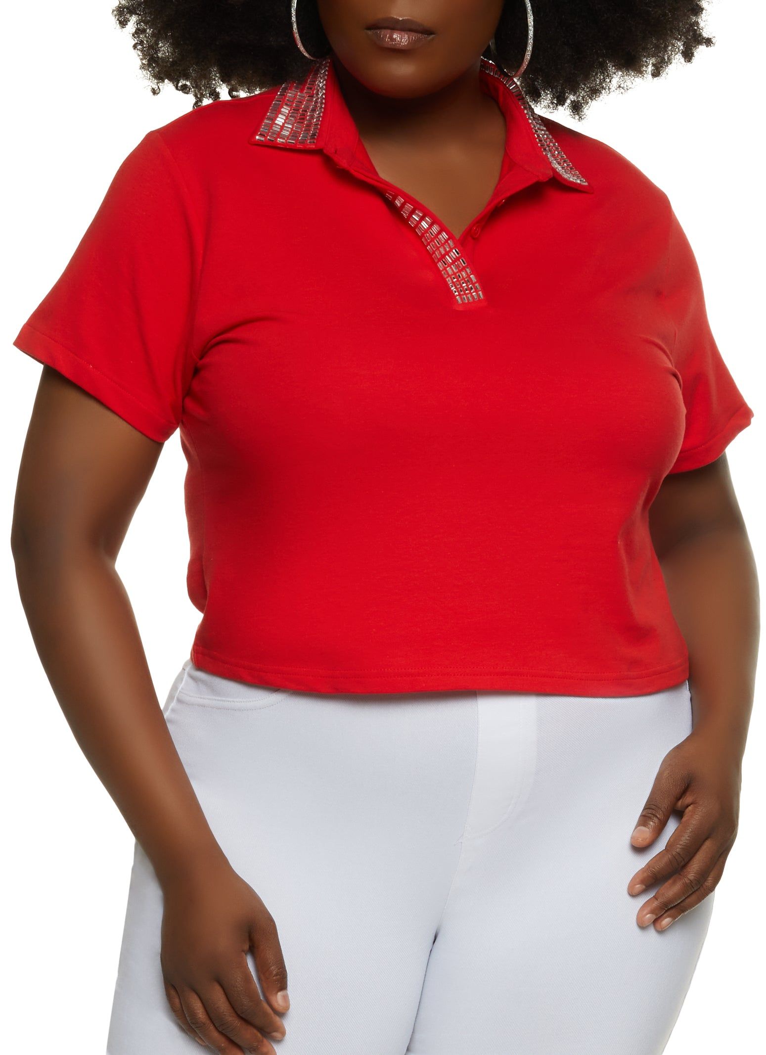 Plus Size Studded Collar Polo Top sold by Rainbow