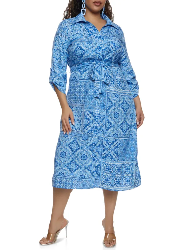 Plus Size Paisley Border Print Tie Waist Shirt Dress sold by Rainbow