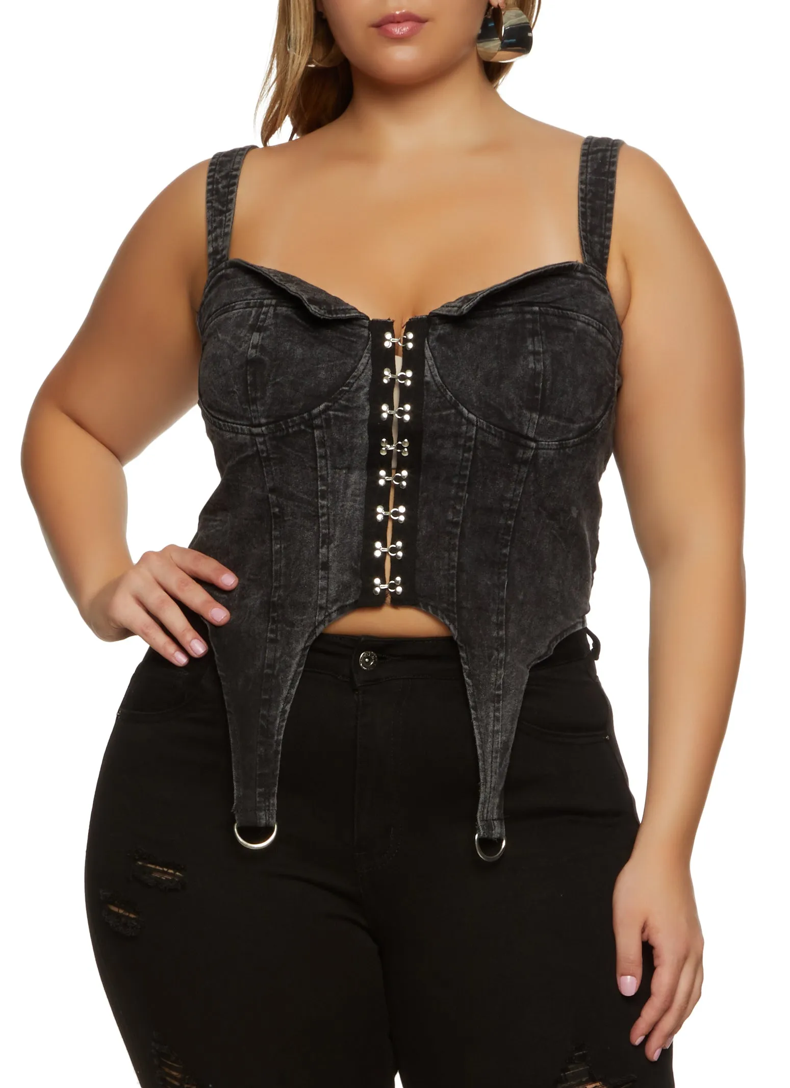 Plus Size Denim Hook and Eye Front Bustier Top sold by Rainbow