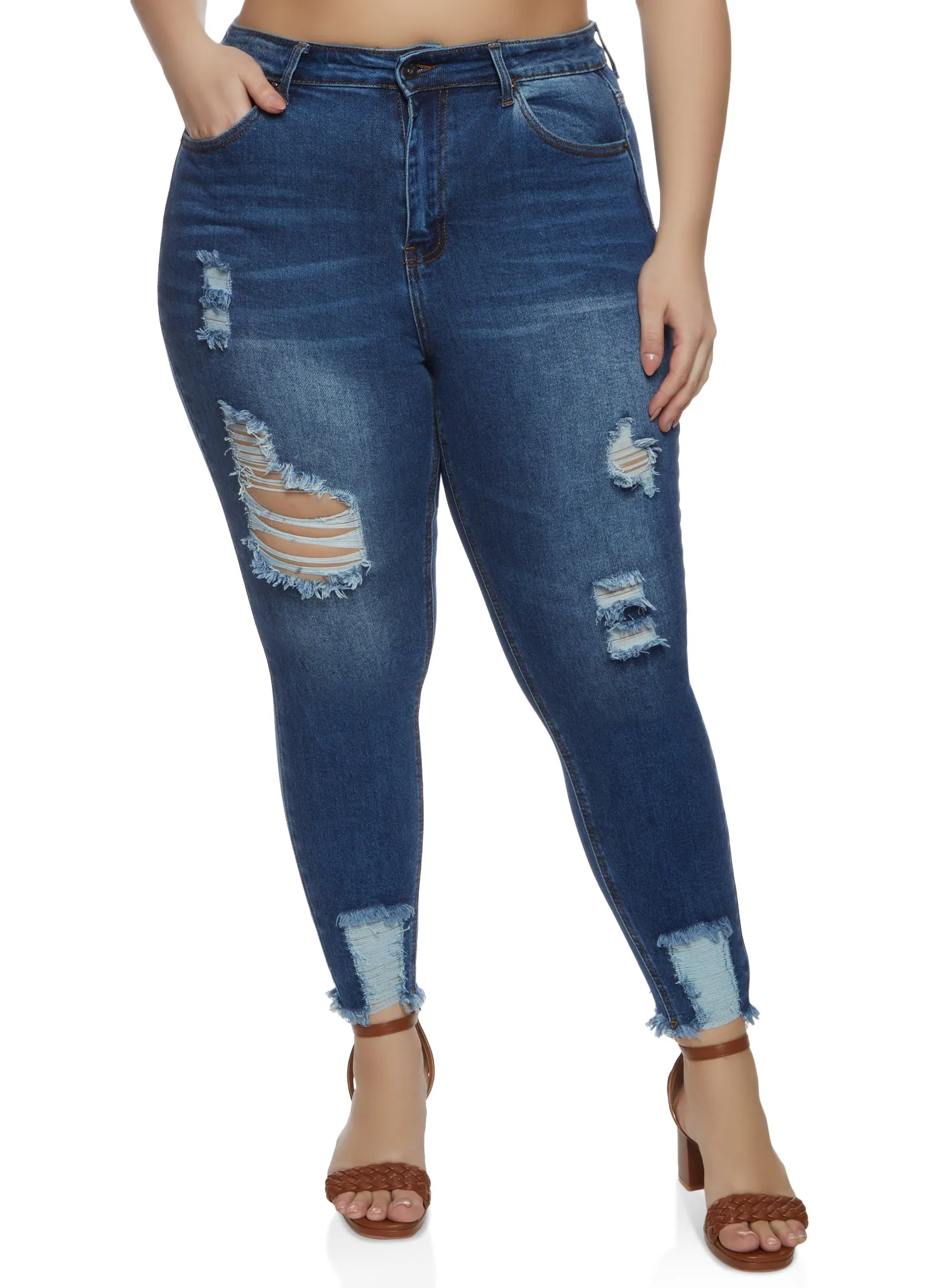 Plus Size WAX Frayed Hem Distressed Skinny Jeans sold by Rainbow