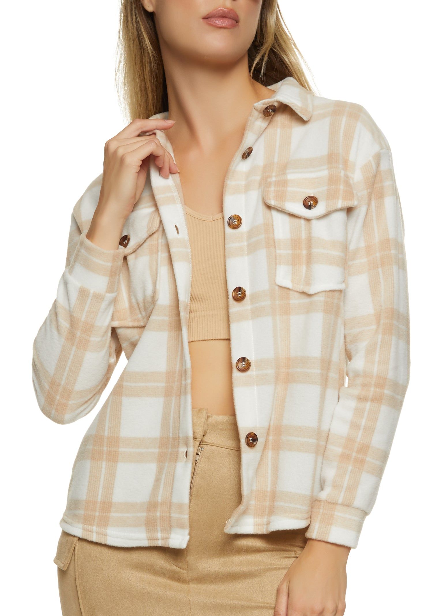 Fleece Plaid Button Down Shacket sold by Rainbow