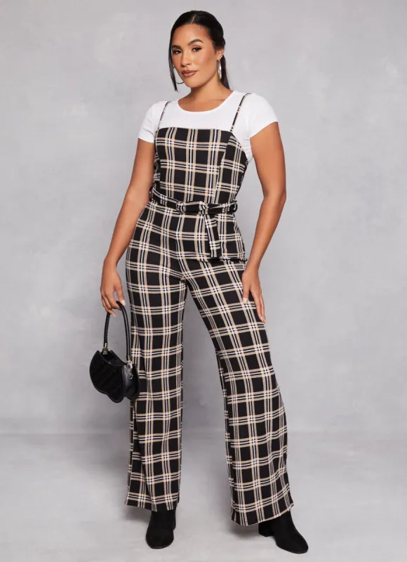 Almost Famous Plaid Belted Cami Jumpsuit with Tee sold by Rainbow