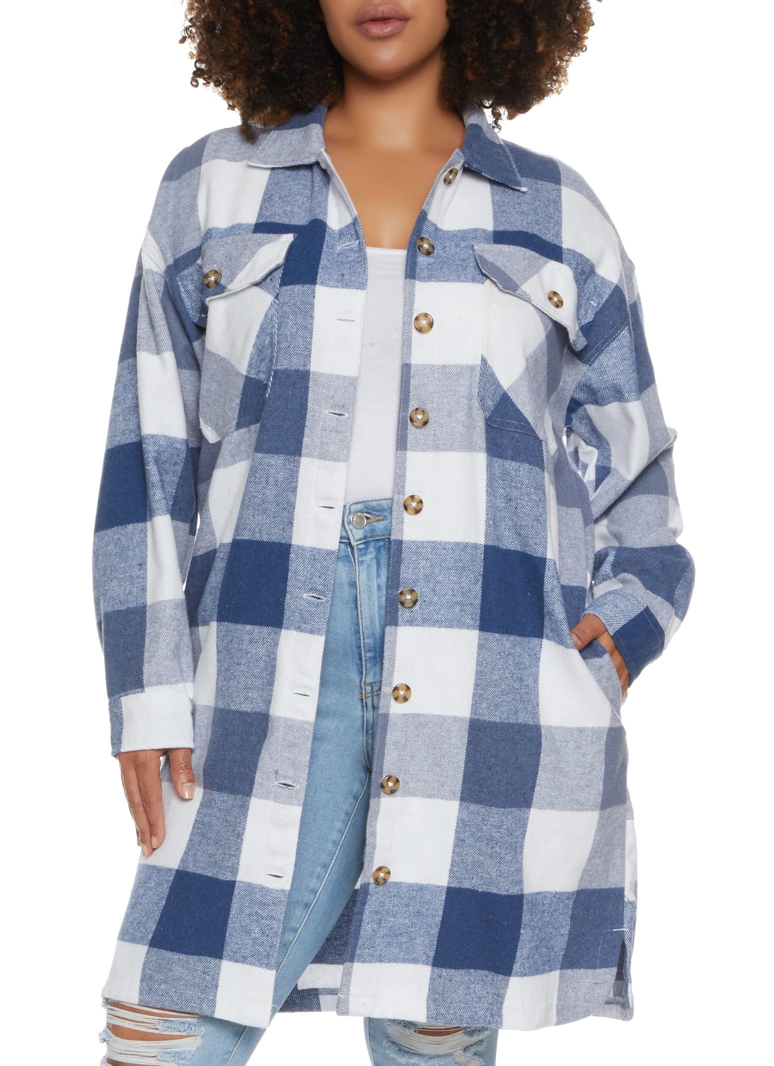 Plus Size Plaid Brushed Knit Long Line Shacket sold by Rainbow