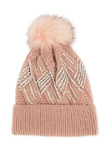 Textured Knit Rhinestone Pom Pom Beanie sold by Rainbow