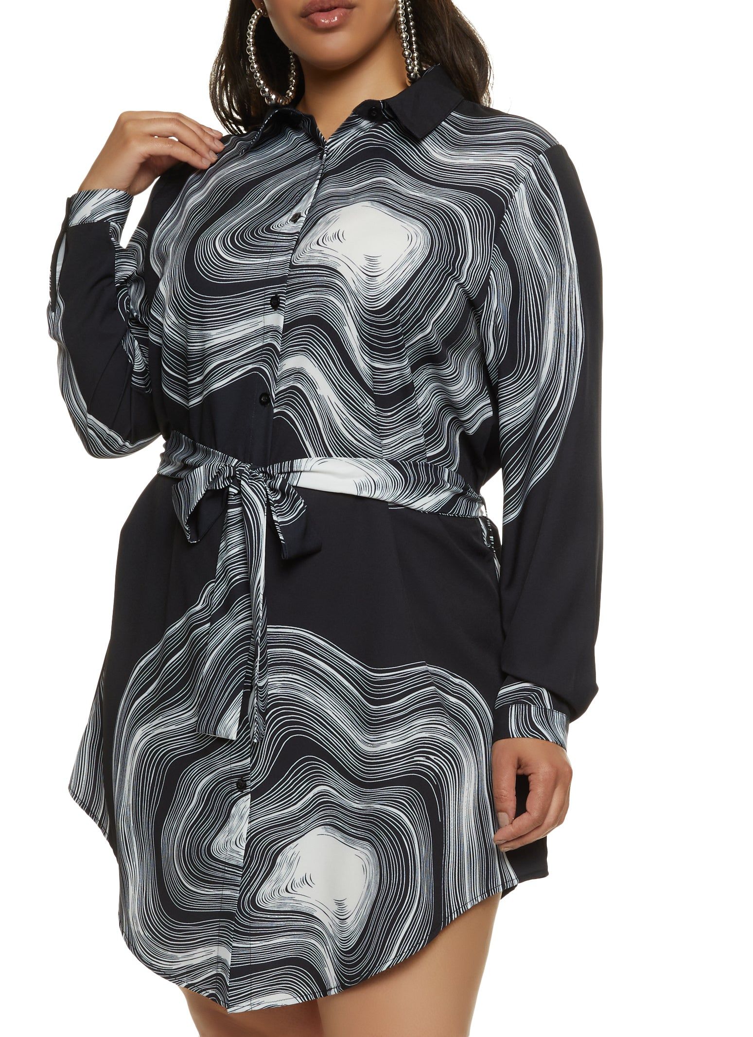 Plus Size Patterned Tie Waist Belted Shirt Dress sold by Rainbow