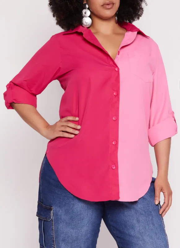 Plus Size Color Block Button Front Shirt sold by Rainbow